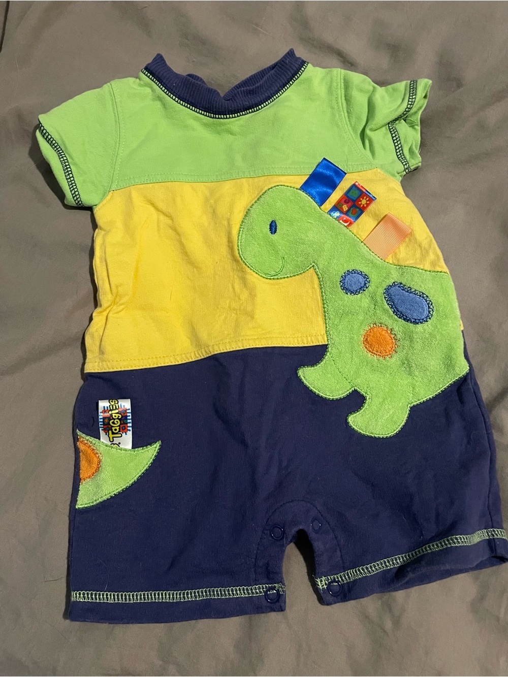 Vintage Baby Taggies Dino Appliqué Romper in Green, Yellow & Navy